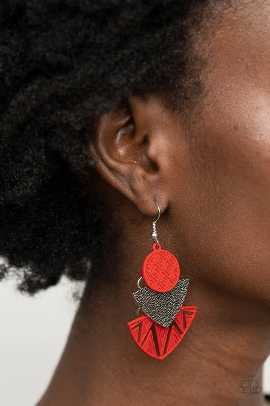 Jurassic Juxtaposition - Oversized Fiery Red Matte Textured Flank Studded Connected Jurassic Tribal Earrings E#088