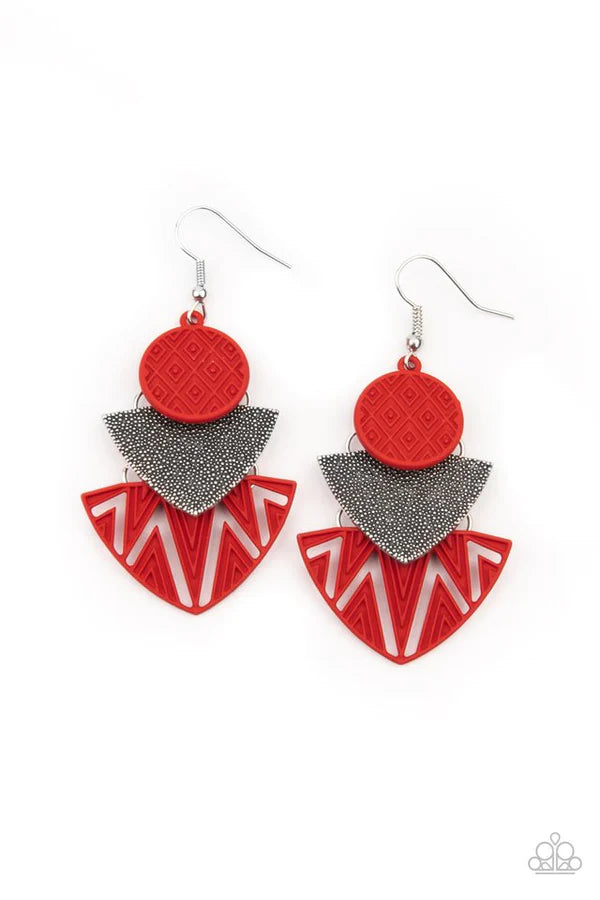 Jurassic Juxtaposition - Oversized Fiery Red Matte Textured Flank Studded Connected Jurassic Tribal Earrings E#088