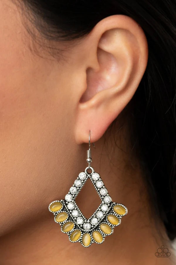 Just BEAM Happy - Oversized Yellow Oval Kite Cat's Eye Moonstone Encrusted Earrings E#1487