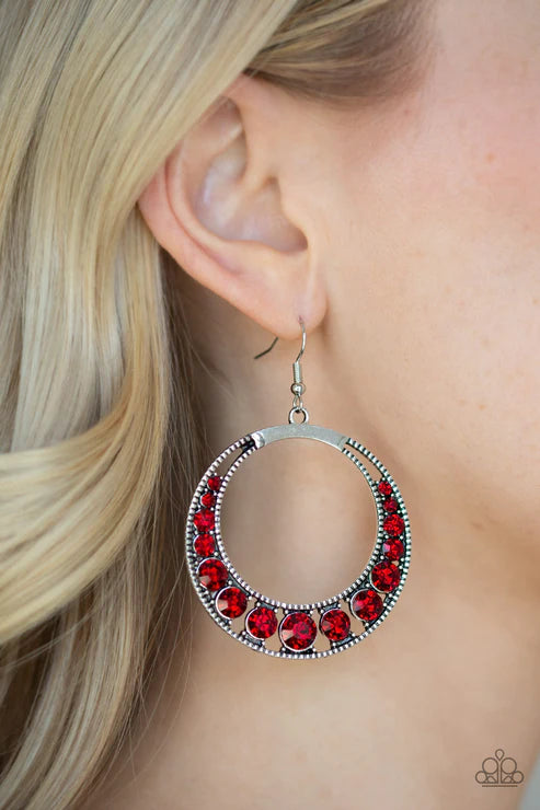 Ka-POW Dazzle - Oversized Red (Fiery) Encrusted Studded Hoop Earrings E#1831