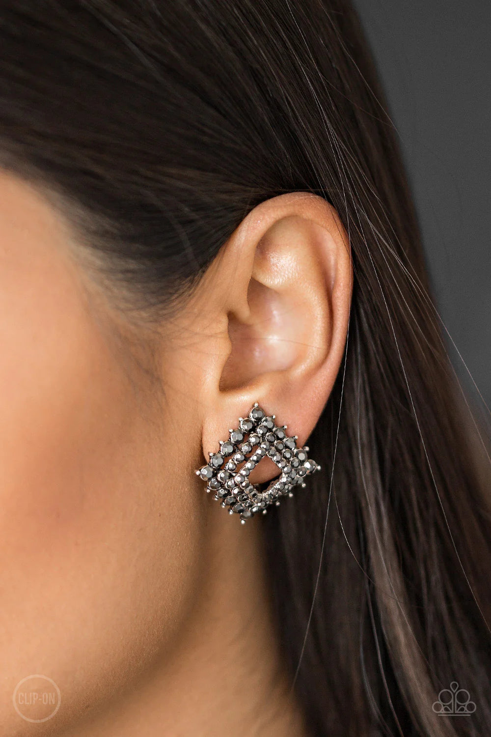 Kensington Keepsake - Oversized Silver/Gunmetal Curve Trio Stacked Square Hematite Encrusted Clip-On Earrings E#1500