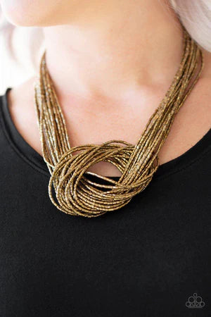 Knotted Knockout - Oversized Brass Metallic Knotted Seed Bead Necklace N#153