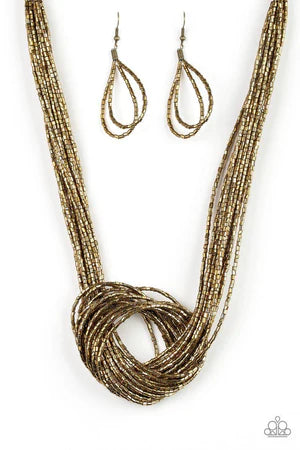 Knotted Knockout - Oversized Brass Metallic Knotted Seed Bead Necklace N#153