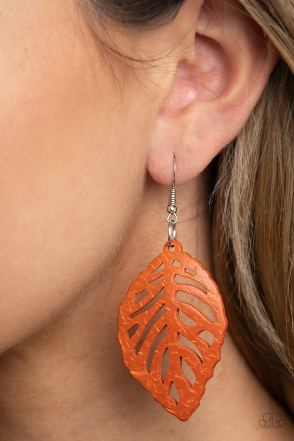 LEAF Em Hanging - Oversized Orange Airy Woodsy Stenciled 3D Leaf Distressed Wood Earrings E#1458