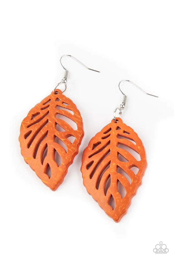 LEAF Em Hanging - Oversized Orange Airy Woodsy Stenciled 3D Leaf Distressed Wood Earrings E#1458
