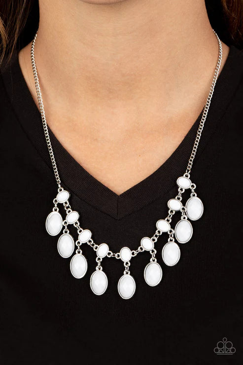 Lady of the POWERHOUSE - Oversized White Oval Vintage Linked Fringe Necklace N#2575