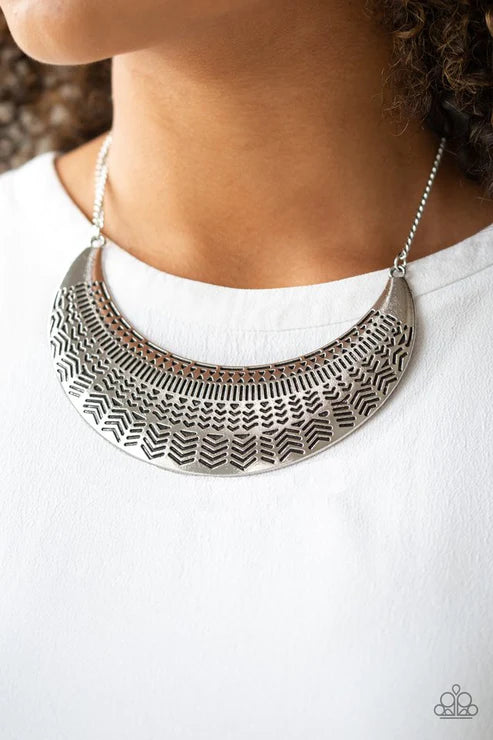 Large As Life - Oversized Silver Stamped Geometric Half-Moon Tribal Necklace N#2480