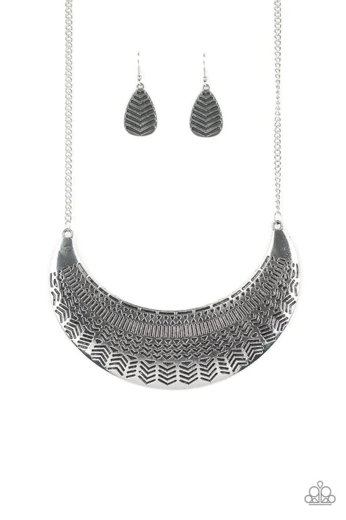 Large As Life - Oversized Silver Stamped Geometric Half-Moon Tribal Necklace N#2480