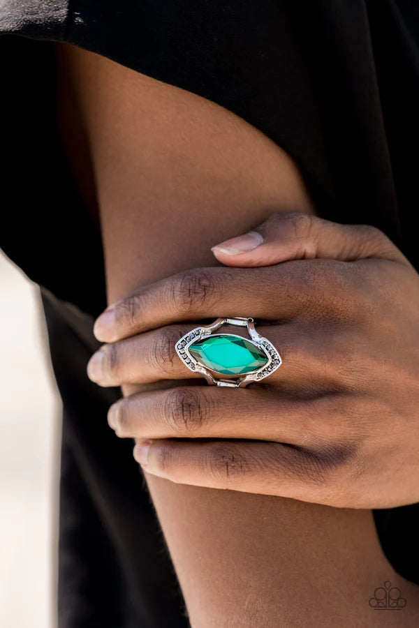 Leading Luster - Green Smoky Hematite Encrusted Angles Airy Silver Frame Faceted Boldly Cut Gem Nestled Arcing Bars Edgy Ring R#1224