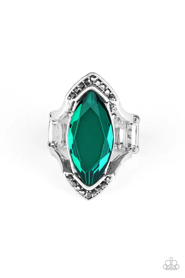Leading Luster - Green Smoky Hematite Encrusted Angles Airy Silver Frame Faceted Boldly Cut Gem Nestled Arcing Bars Edgy Ring R#1224