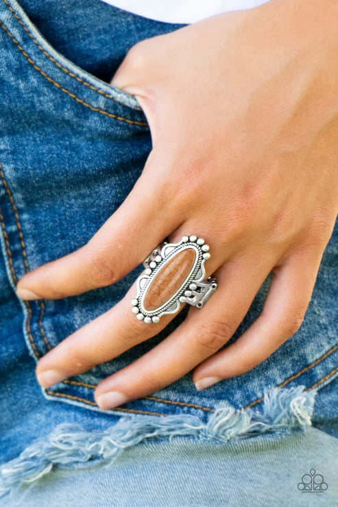 Leave No Trace - Oversized Toasty Meerkat Brown Oblong Ornate Studded Stone Ring R#1871