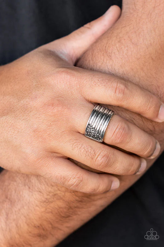 Legendary Lineup - Oversized Silver Engraved Linear Hematite Encrusted Urban Ring R#019