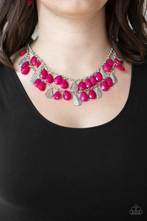 Life of the FIESTA - Pink Faceted Shimmer Beveled Teardrop Fringe Necklace N#2143