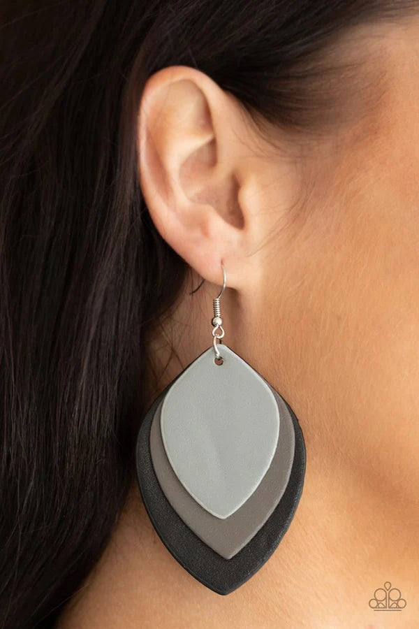Light as a LEATHER - Oversized Black (Ultimate Gray/Gray/Black) 3D Samba Leaf Leather Earrings E#1421
