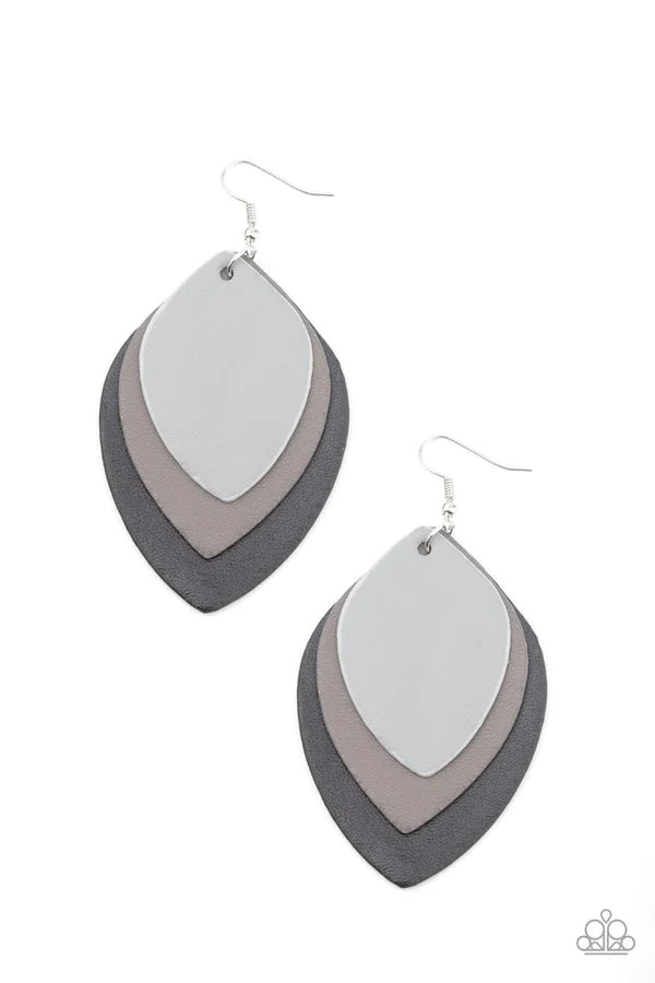 Light as a LEATHER - Oversized Black (Ultimate Gray/Gray/Black) 3D Samba Leaf Leather Earrings E#1421