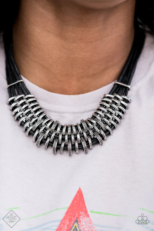 Lock, Stock, and SPARKLE - Black Textured Leather Industrial Necklace N#447