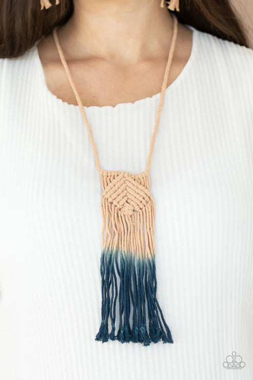 Look At MACRAME Now - Blue/Gray Ombre Twine Cord Knotted/Weaved Tasseled Macrame Necklace N#1965