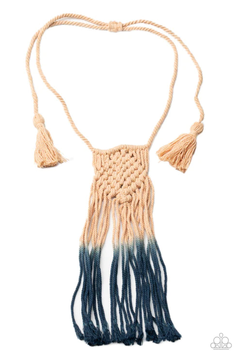 Look At MACRAME Now - Blue/Gray Ombre Twine Cord Knotted/Weaved Tasseled Macrame Necklace N#1965