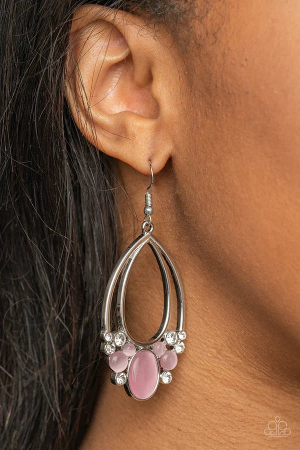Look Into My Crystal Ball - Oversized Pink Enchanted Encrusted Cat's Eye Moonstone Stacked Fringe Teardrop Earrings E#448