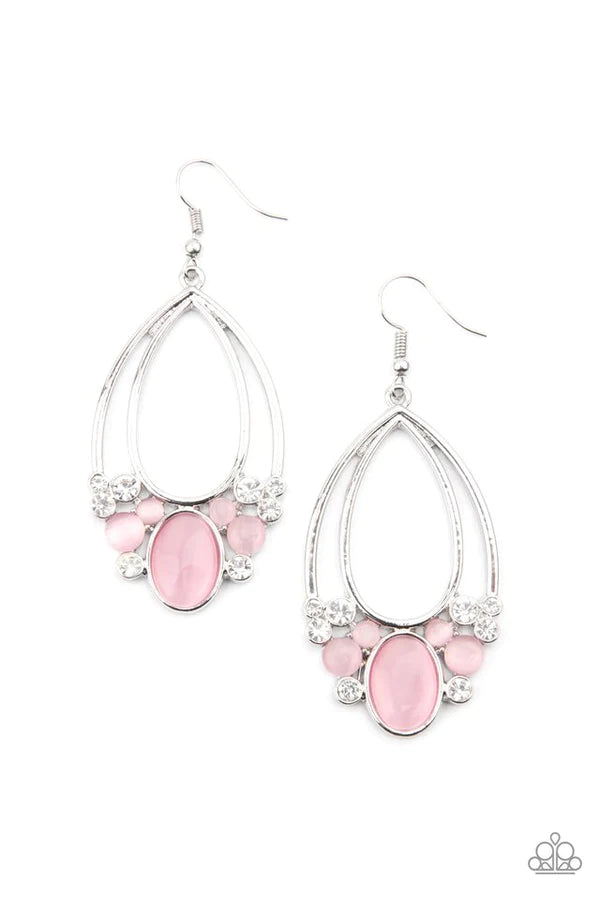 Look Into My Crystal Ball - Oversized Pink Enchanted Encrusted Cat's Eye Moonstone Stacked Fringe Teardrop Earrings E#448