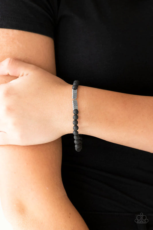 Lost Arrow - Silver/Black 3D Chevron Arrow Accent Lava Rock Urban Bracelet B#1123