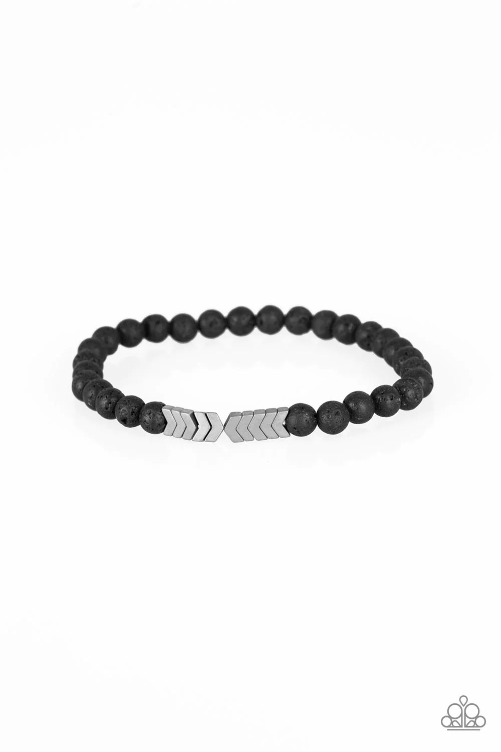 Lost Arrow - Silver/Black 3D Chevron Arrow Accent Lava Rock Urban Bracelet B#1123