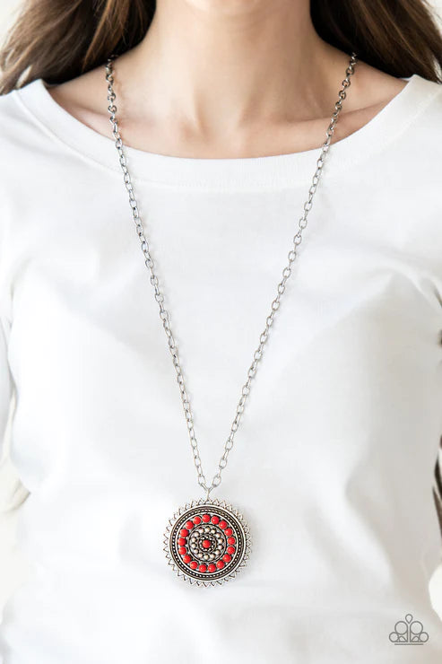 Lost SOL - Oversized Red/Silver Decorated 3D Sunburst Tribal Pendant Necklace N#2039