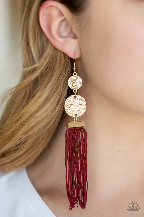 Lotus Gardens - Biking Red/Gold Stacked Hammered Disc Cord Stream Tassel Earrings E#2648