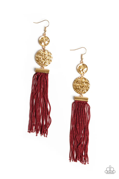 Lotus Gardens - Biking Red/Gold Stacked Hammered Disc Cord Stream Tassel Earrings E#2648