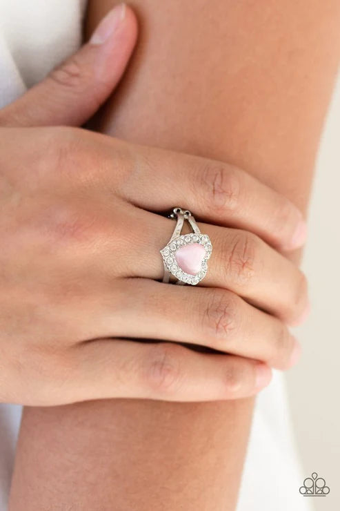 Love Is In The Air - Pink 3D Heart Encrusted Cat's Eye Moonstone Ring R#1873