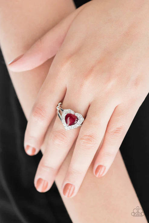 Love Is In The Air - Red 3D Heart Encrusted Cat's Eye Moonstone Ring R#1874