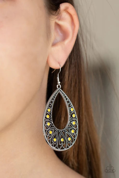 Love To Be Loved - Oversized Yellow 3D Heart Fan Dotted/Studded Encrusted Teardrop Earrings E#2425