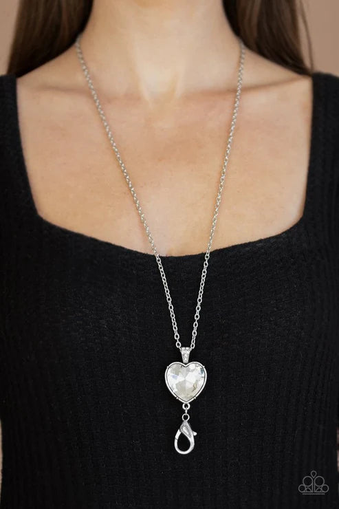 Lovely Luminosity - Oversized White 3D Heart Encrusted Lanyard Necklace N#2565