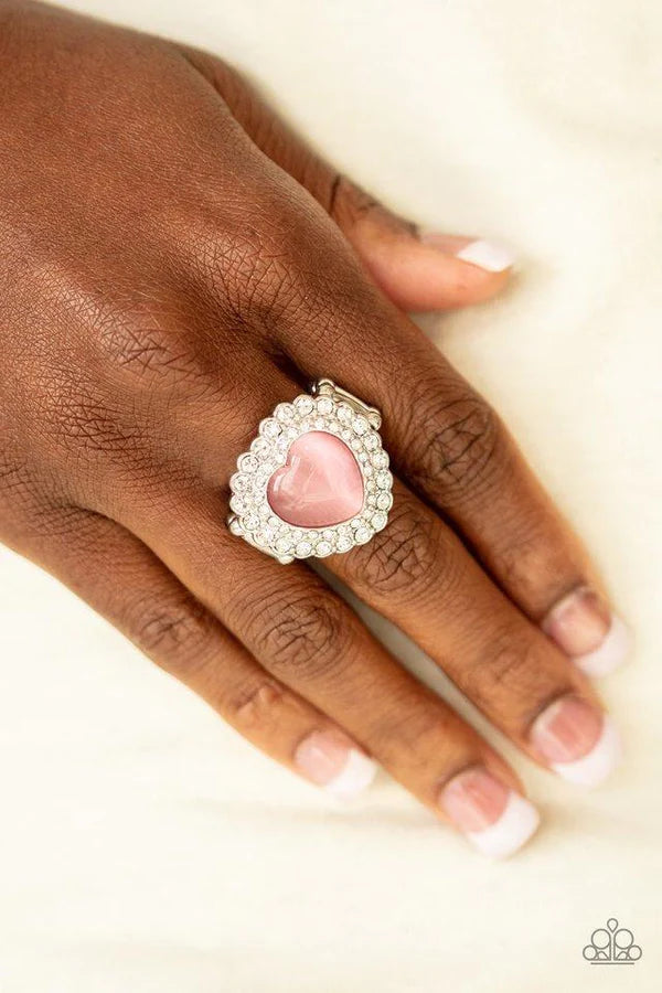 Lovely Luster - Oversized Pink 3D Heart Duo Encrusted Cat's Eye Moonstone Ring R#739