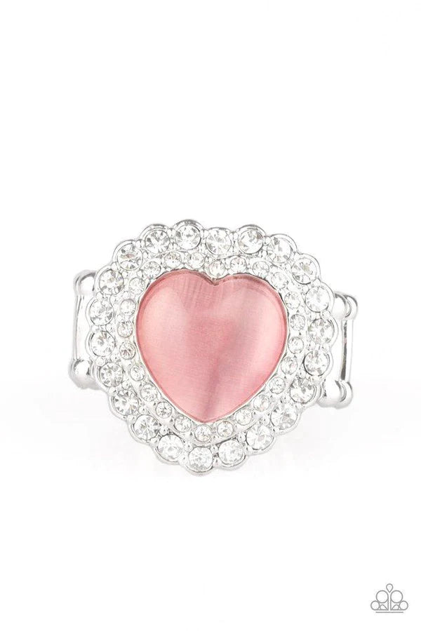 Lovely Luster - Oversized Pink 3D Heart Duo Encrusted Cat's Eye Moonstone Ring R#739