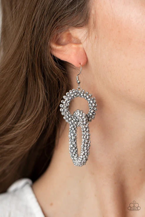 Luck BEAD a Lady - Oversized Silver Duo Interlocked Stacked Seed Bead Hoop Earrings E#2610