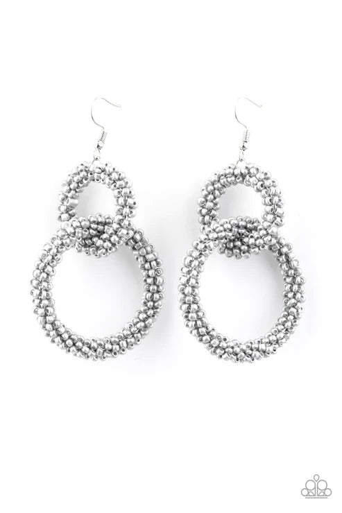 Luck BEAD a Lady - Oversized Silver Duo Interlocked Stacked Seed Bead Hoop Earrings E#2610