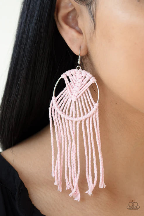 MACRAME, Myself, and I - Oversized Pink (Coral ) Twine Knotted Macrame Tassel Hoop Earrings E#2643