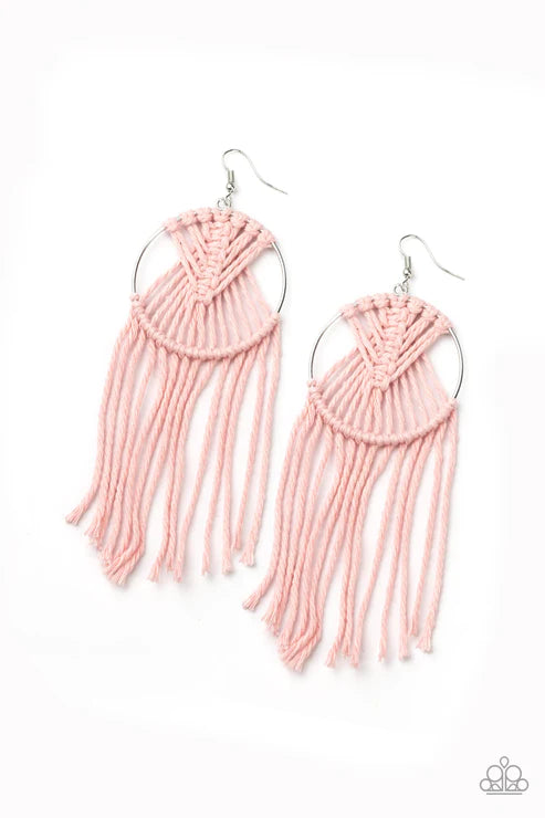 MACRAME, Myself, and I - Oversized Pink (Coral ) Twine Knotted Macrame Tassel Hoop Earrings E#2643
