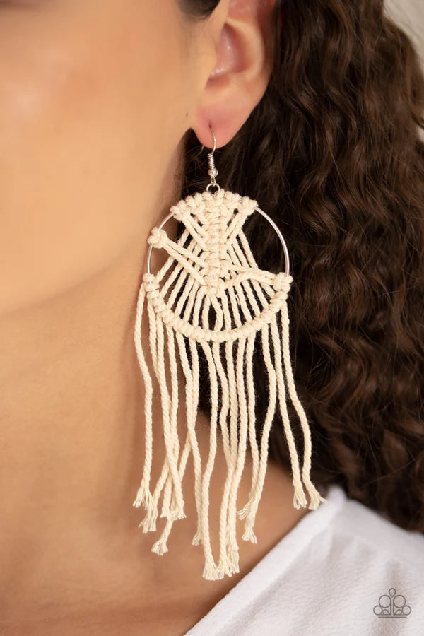 MACRAME, Myself, and I - Oversized White (Ivory) Twine Knotted Macrame Tassel Hoop Earrings E#829