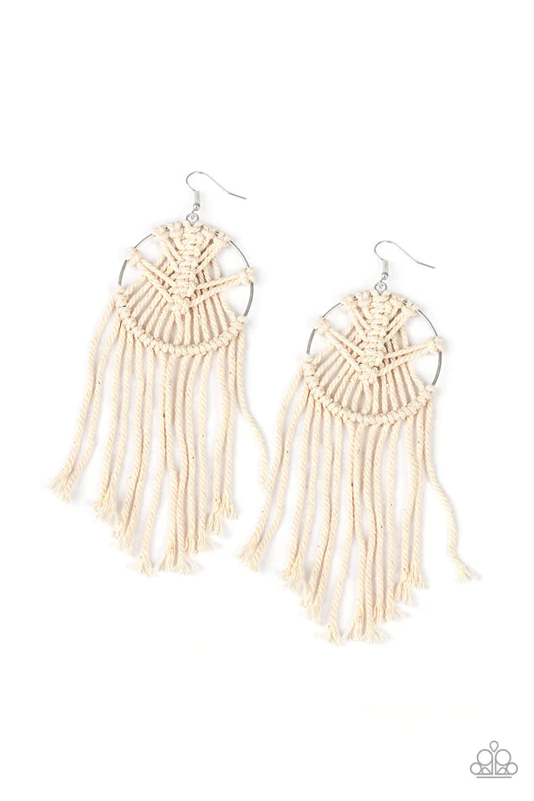 MACRAME, Myself, and I - Oversized White (Ivory) Twine Knotted Macrame Tassel Hoop Earrings E#829