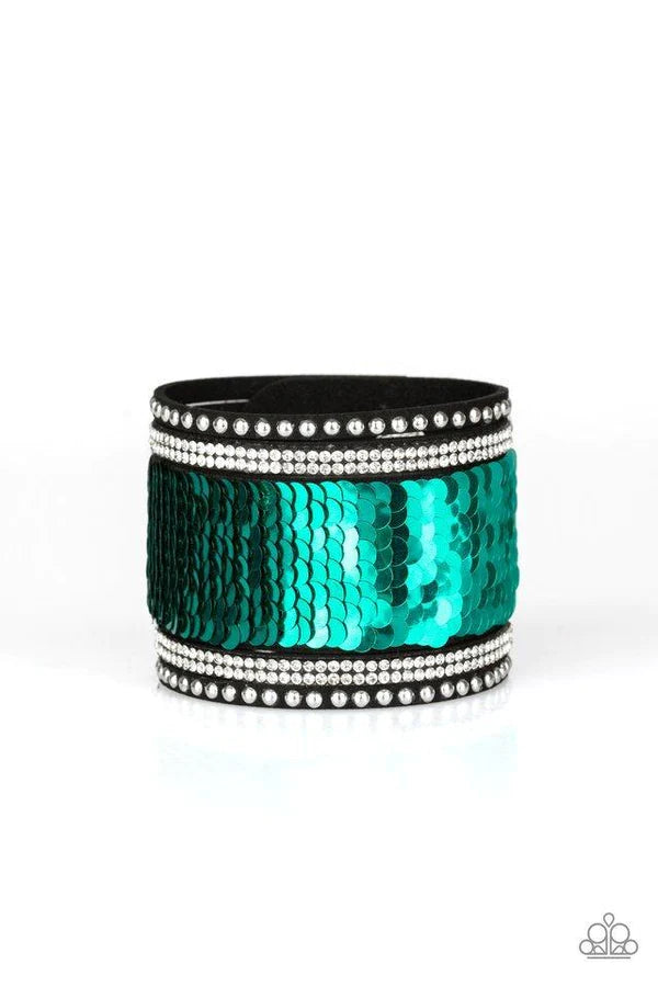 MERMAIDS Have More Fun - Green/Silver Mermaid Sprinkled Sequin Suede Bracelet B#851