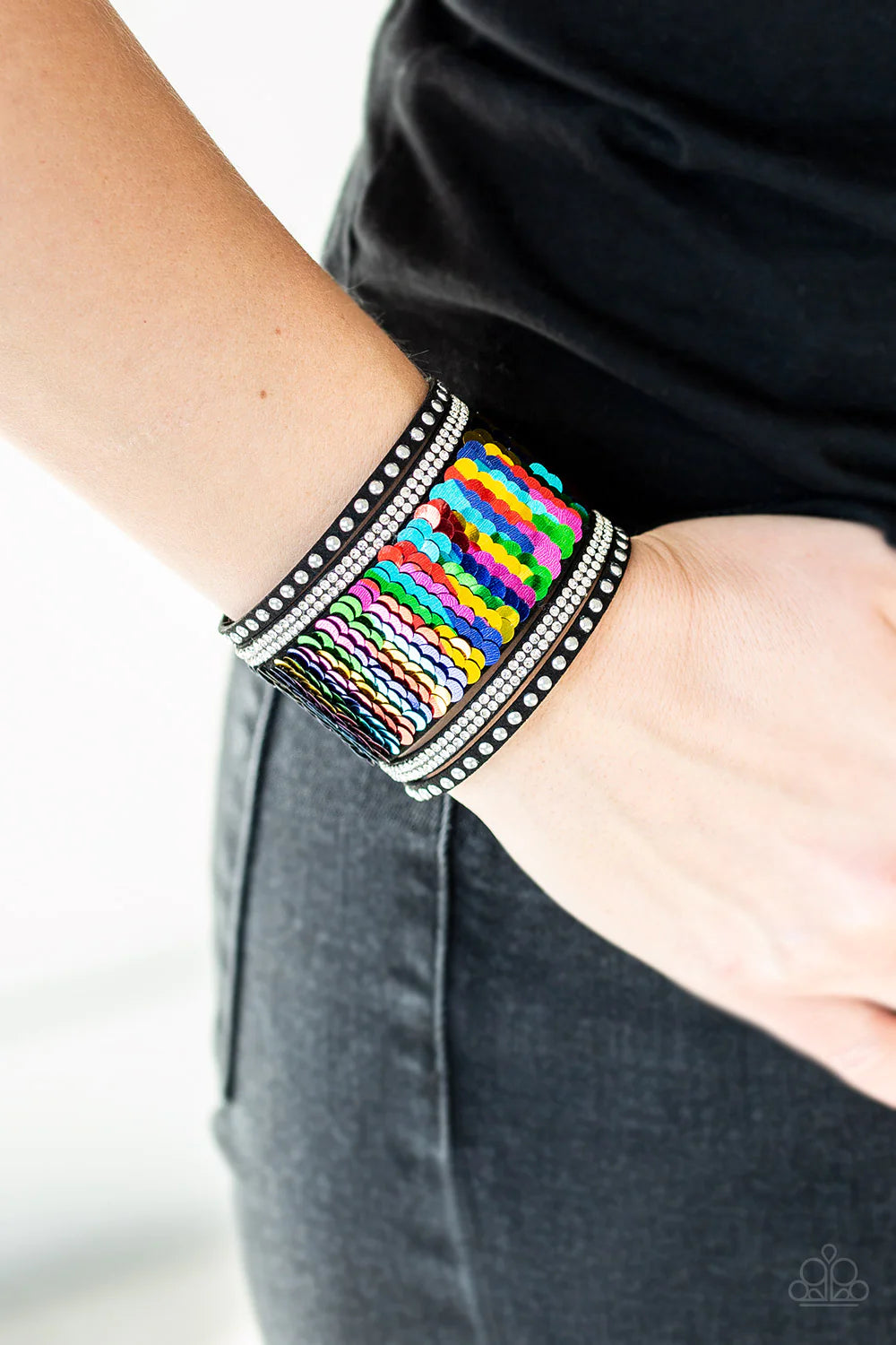 MERMAIDS Have More Fun - Multi Rainbow/Silver Mermaid Sprinkled Sequin Suede Bracelet B#1072