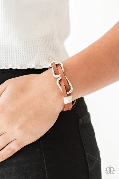 MOUNTAINEER Time Zone - White/Brown Infused Cording/Leather Adjustable Sliding Knot Closure Urban Bracelet B#2022