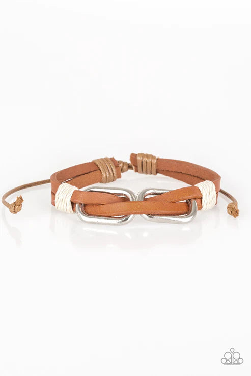 MOUNTAINEER Time Zone - White/Brown Infused Cording/Leather Adjustable Sliding Knot Closure Urban Bracelet B#2022