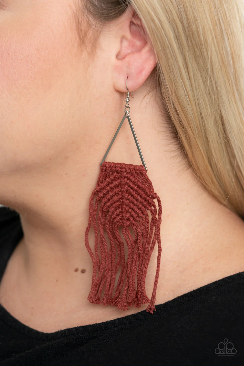 Macrame Jungle - Oversized Fired Brick Brown Airy Triangle Knotted/Weaved Macrame Fringe Earrings E#931