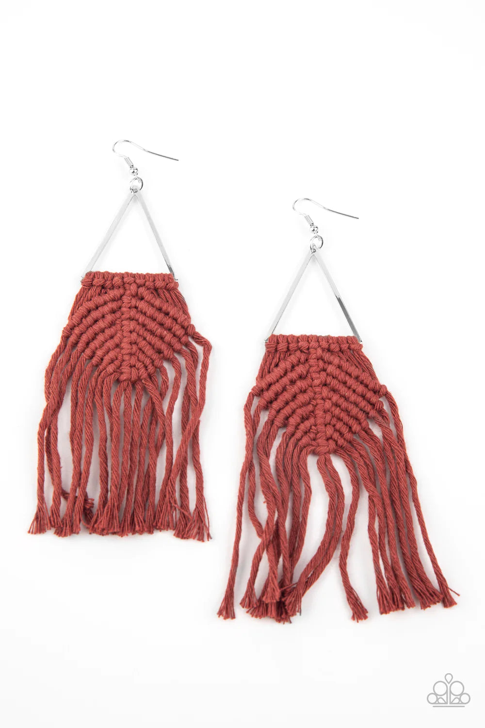 Macrame Jungle - Oversized Fired Brick Brown Airy Triangle Knotted/Weaved Macrame Fringe Earrings E#931