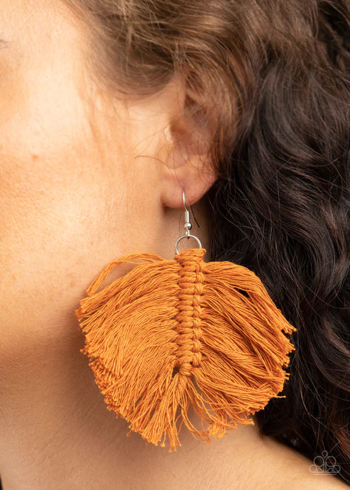 Macrame Mamba - Oversized Brown Rustic Threaded Tassels Knotted Leaf Macrame Fringe Earrings E#2613