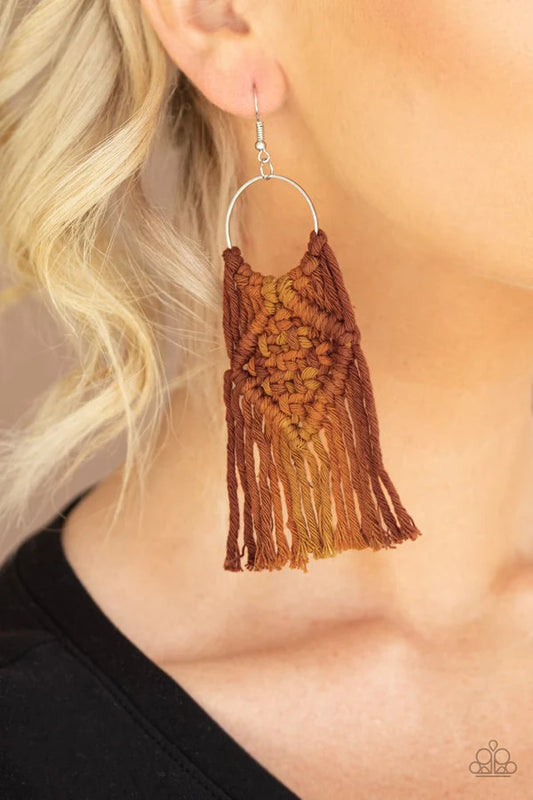 Macrame Rainbow - Brown (Brown/Orange) Ombre Knotted Weaved Macrame Hoop Fringe Earrings E#972