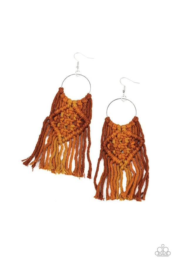 Macrame Rainbow - Brown (Brown/Orange) Ombre Knotted Weaved Macrame Hoop Fringe Earrings E#972
